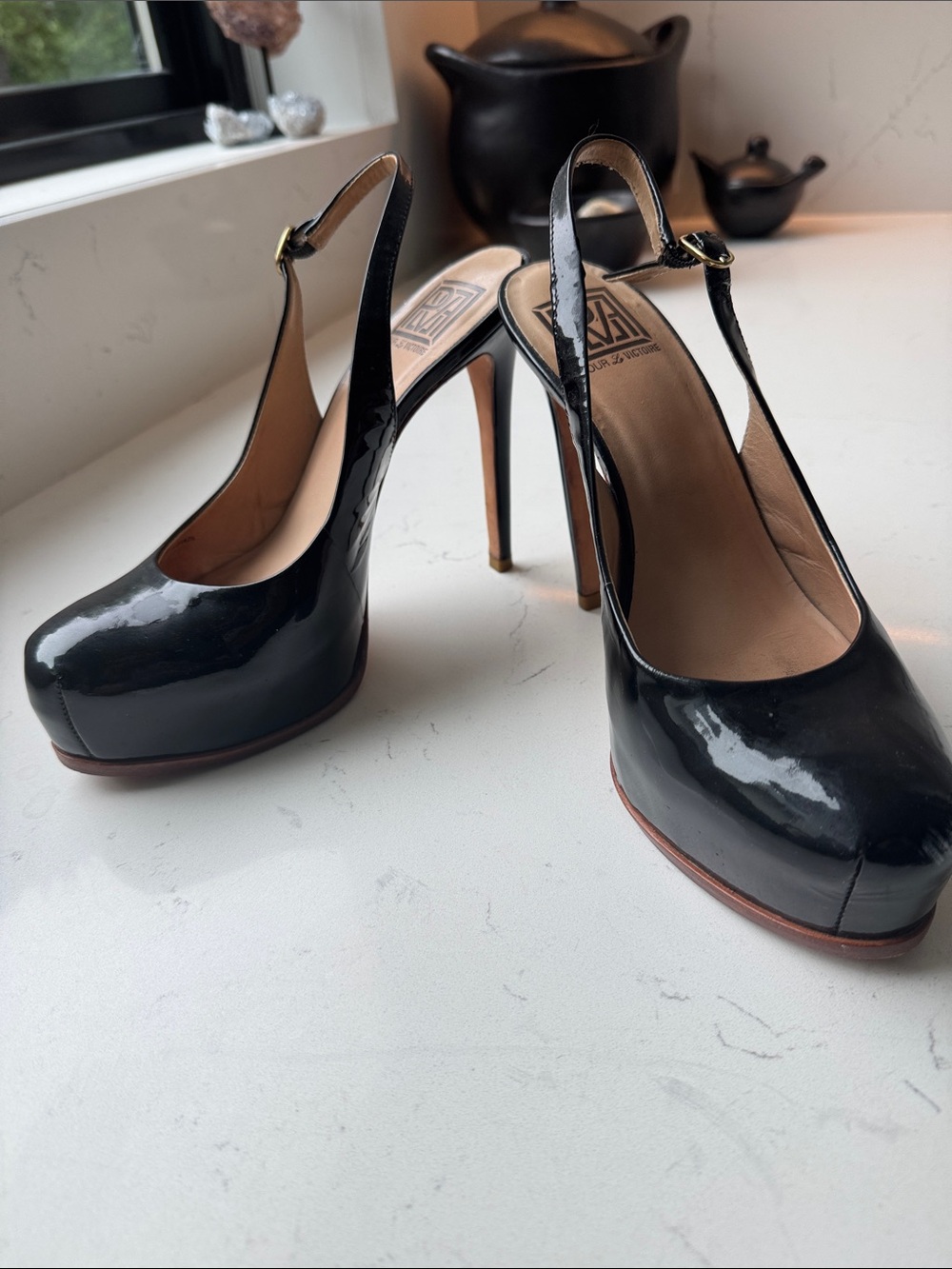 Pour La Victoire Black Patent Slingback Platform Stiletto Pumps